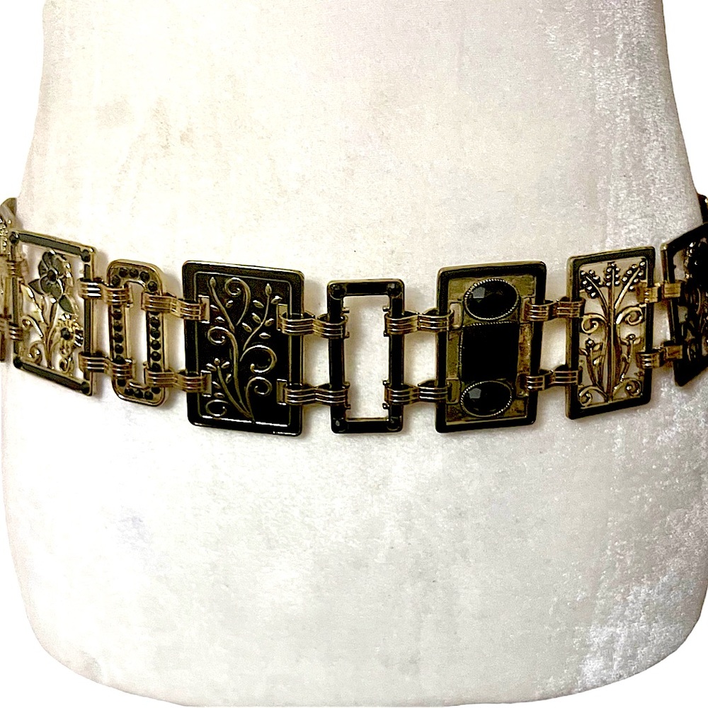 Vintage art deco belt gold & black floral geometric chain adjustable boho EUC - Picture 5 of 14